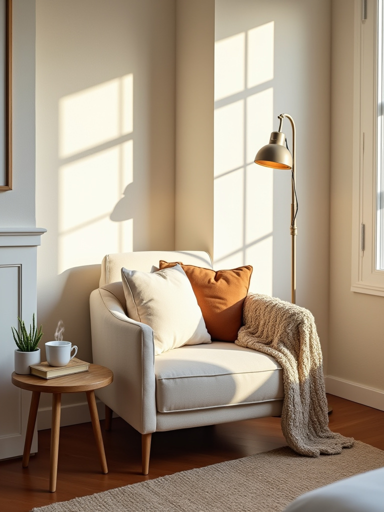 Cozy bedroom seating nook with armchair, throw blanket, side table, lamp, and books for relaxation and reading