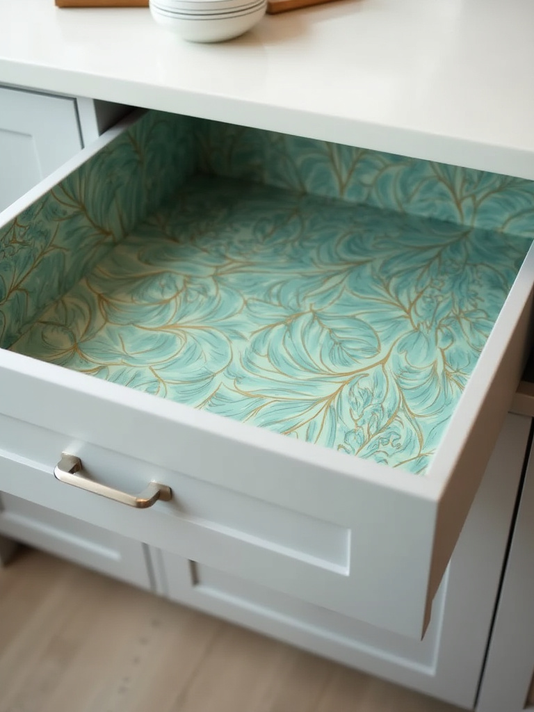 Opened kitchen cabinet drawer revealing a colorful botanical patterned liner, adding an unexpected pop of color to the neutral grey interior.