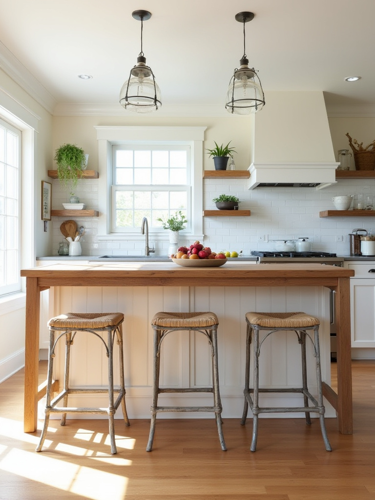 Farmhouse kitchen island with comfortable and stylish bar stools, showcasing a blend of distressed wood and woven rattan textures, bathed in natural light from a nearby window.