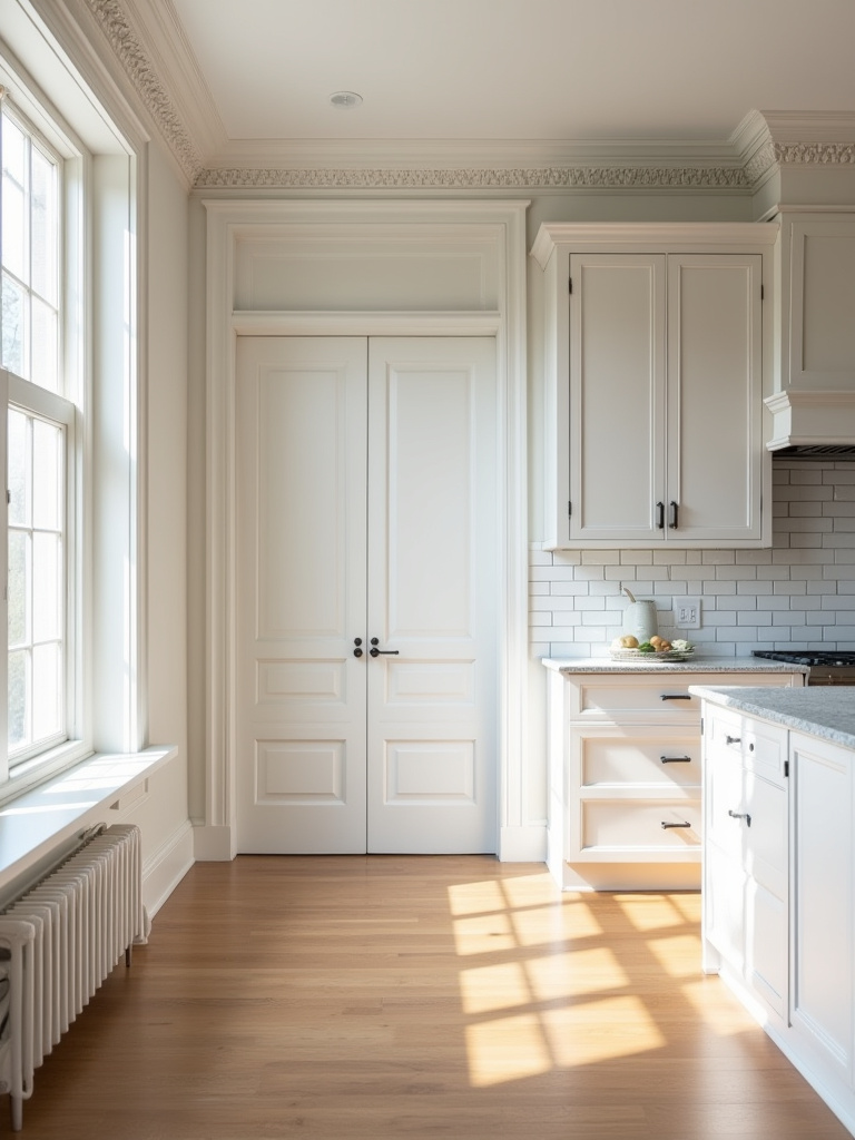 A professionally photographed modern kitchen interior showing intricate crown molding, hardwood flooring, a patterned backsplash, and sleek countertops under natural light, emphasizing structural elements for architectural style analysis.