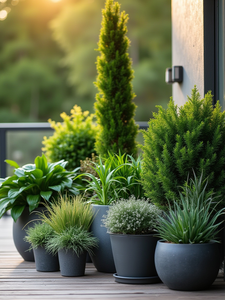 Potted plants on a deck arranged in varying heights and textures for visual interest, featuring a dynamic layered plant arrangement.