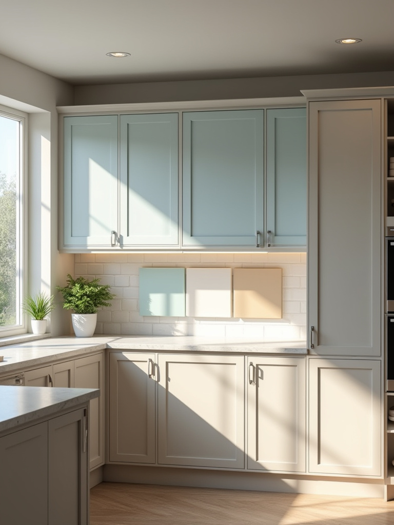 Bright kitchen showing various light sources and color swatches on cabinets, illustrating kitchen lighting assessment for cabinet color.