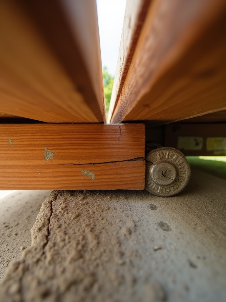 Close-up of a deck's ledger board attachment showing a minor crack near an anchor bolt, indicating a need for deck structural health assessment.