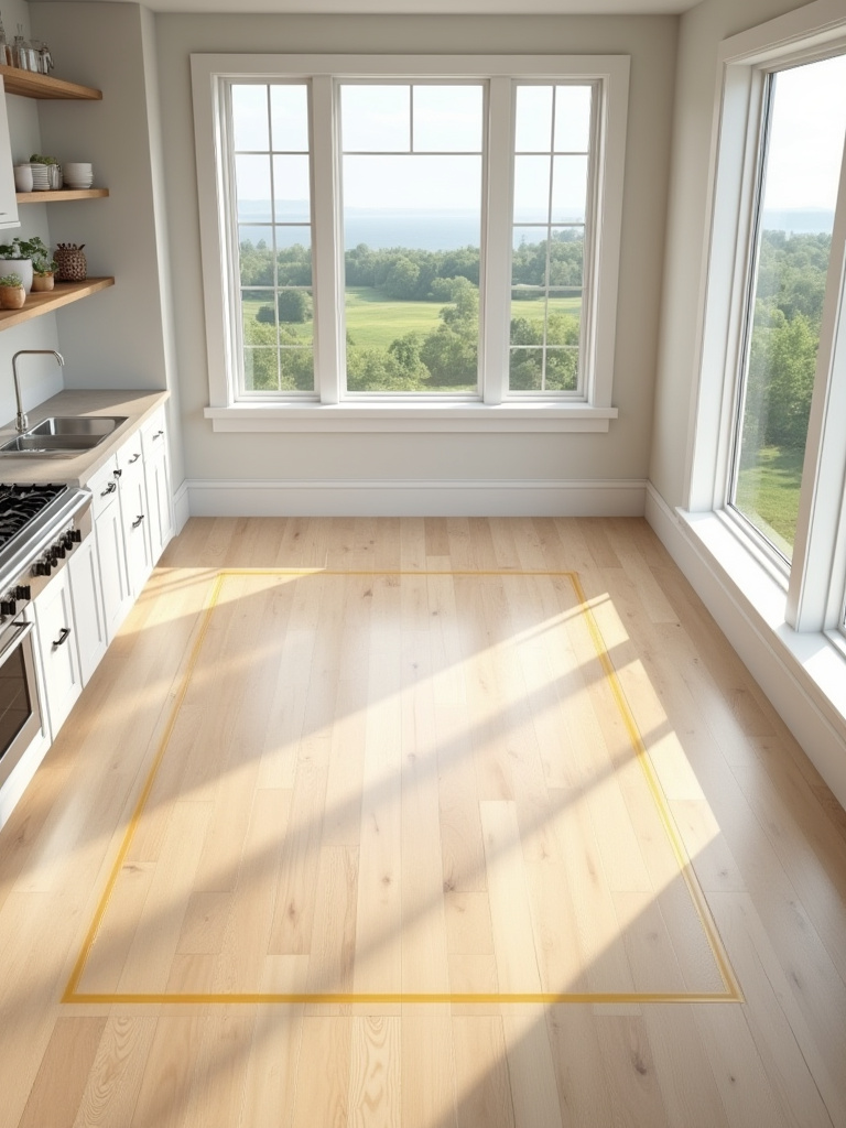 A bird's eye view of an empty farmhouse kitchen floor with masking tape laid out to define a potential kitchen island footprint, surrounded by rustic cabinetry and a large window, symbolizing layout assessment for optimal flow.