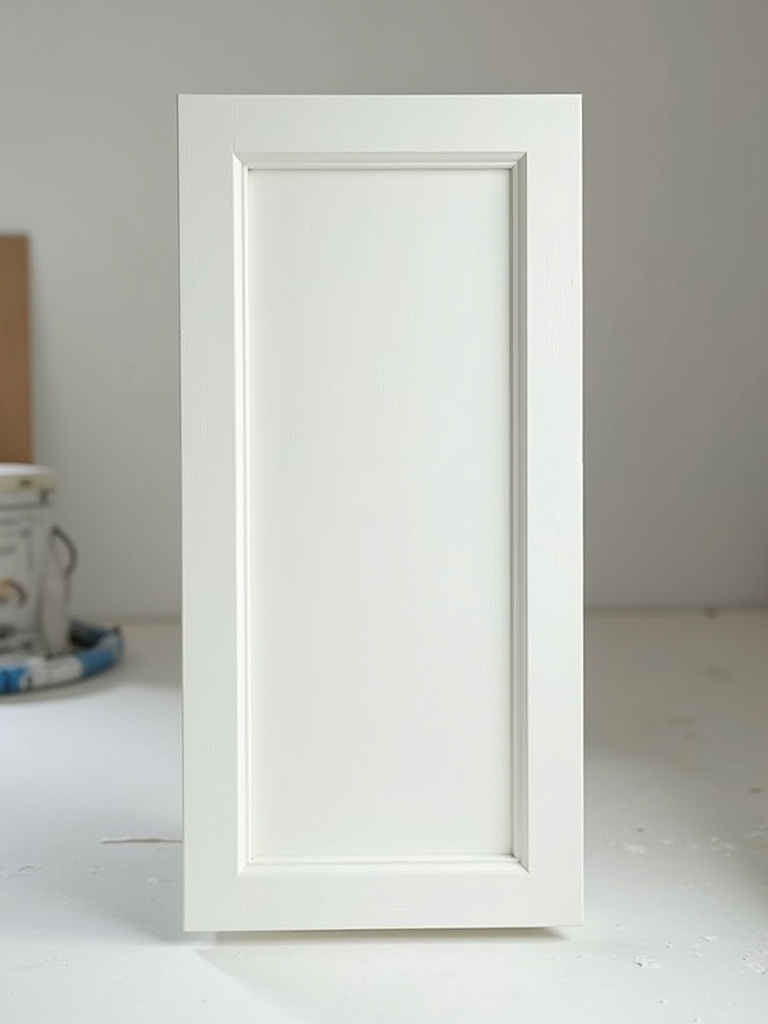 A perfectly primed kitchen cabinet door ready for paint application, illustrating correct surface preparation to prevent common cabinet painting mistakes and achieve a smooth, long-lasting finish.