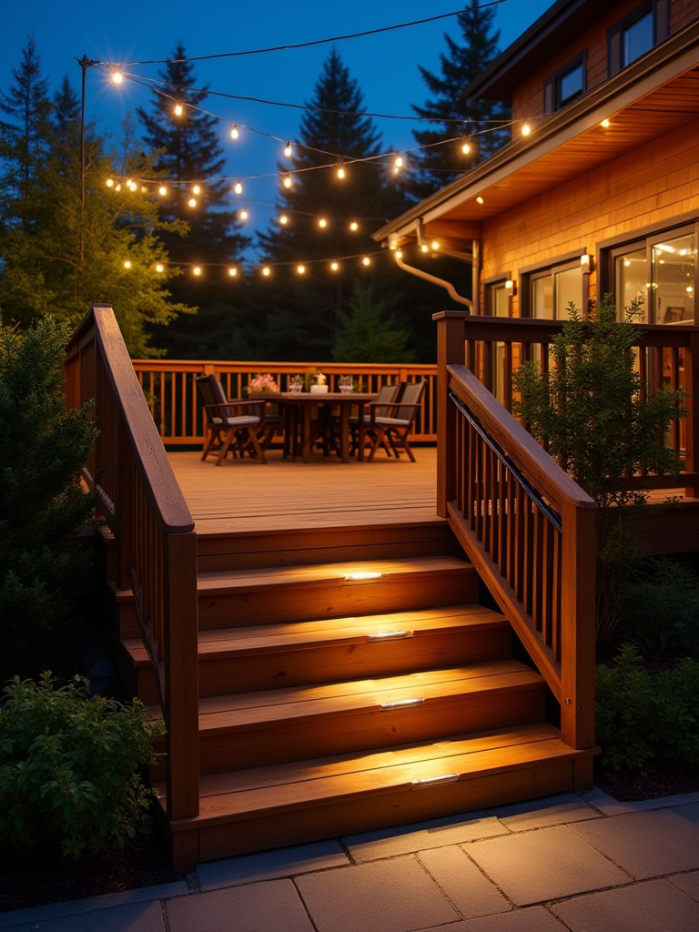 A beautiful deck at dusk featuring various layered outdoor lighting, including string lights, step lights, and uplights on plants, creating a warm and inviting evening atmosphere.
