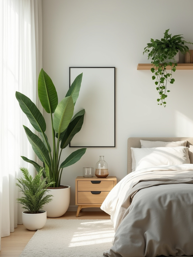 A serene bedroom decorated with various green indoor plants, including a tall snake plant and a trailing pothos, illuminated by soft natural light. The room features a neatly made bed and a wooden nightstand, showcasing a fresh and calming atmosphere.