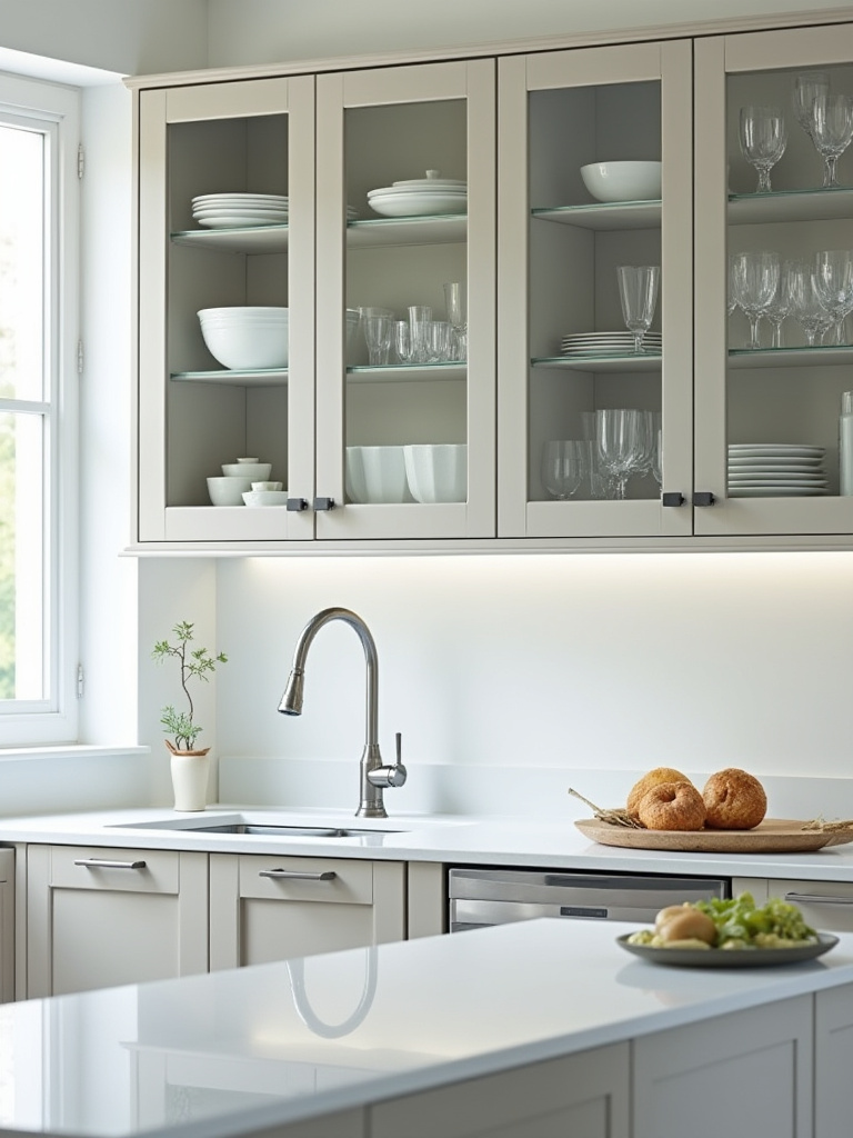 Small modern kitchen with clear glass-front upper cabinets displaying organized white dishes and glassware, designed to create visual depth and a sense of openness.
