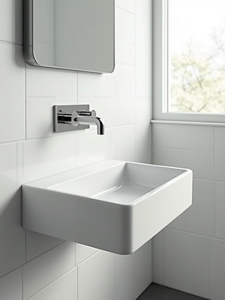 Modern wall-mounted white ceramic sink with a sleek chrome wall-mounted faucet in a small, brightly lit bathroom, emphasizing space-saving fixtures and an open design.