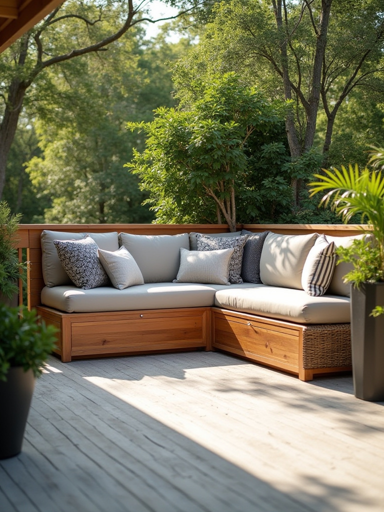 Modern deck with integrated cedar storage bench, subtle rattan storage box, and potted plants creating a clutter-free and serene outdoor living space. Emphasizes smart deck storage solutions.