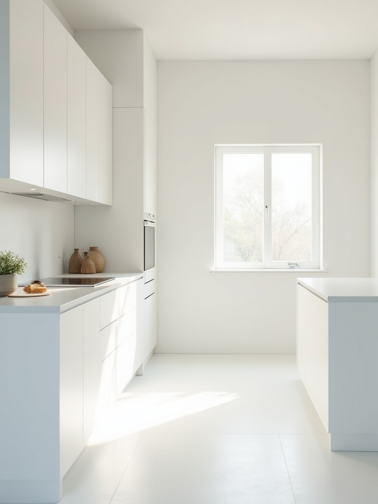 A pristine small kitchen with walls and shaker-style cabinets painted in a unified light gray color palette, showcasing modern, light-toned countertops and a window letting in bright natural light, creating an open and spacious feel.