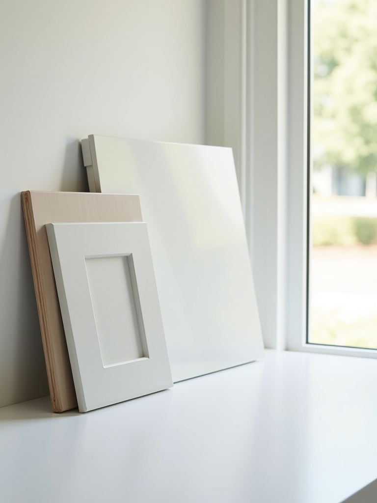 Variety of kitchen cabinet door samples showcasing matte, satin, and high-gloss finishes on a white countertop, highlighting texture and reflectivity.