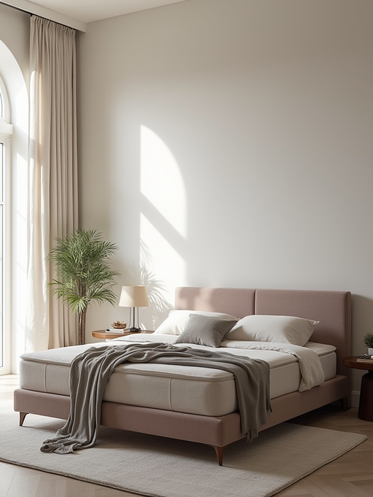 Elegant upholstered bed frame with plush bedding in a minimalist bedroom with natural light, showcasing comfort and style.