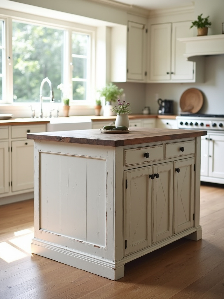 Authentic farmhouse kitchen island featuring a distressed reclaimed wood countertop and a chippy milk-paint base, showcasing aged character and timeless design elements.