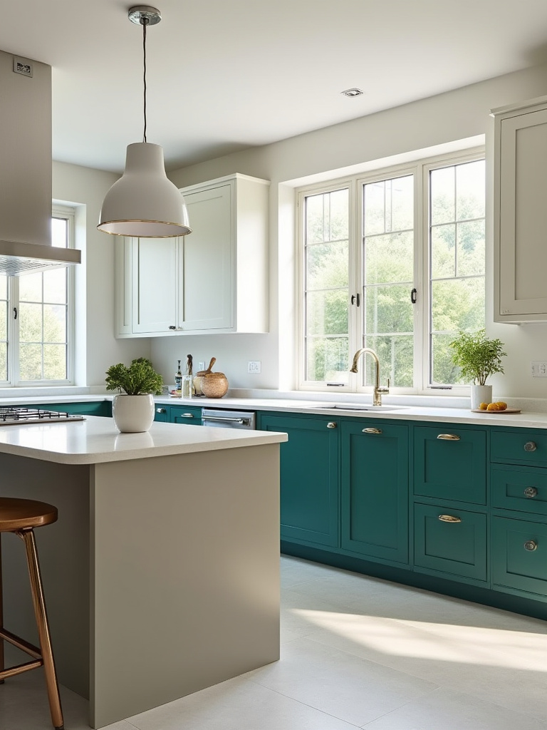 Modern kitchen with white perimeter cabinets and a vibrant emerald green accent kitchen island, showcasing a smart design for easy future aesthetic updates.