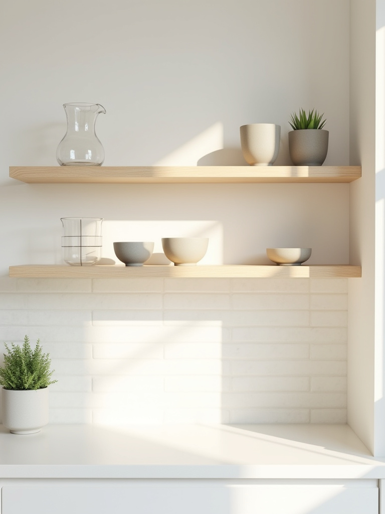 Small kitchen with bright natural light, featuring elegant white floating open shelves above a countertop, displaying carefully arranged minimalist ceramic dishware and a small green plant, creating a spacious and airy feel.