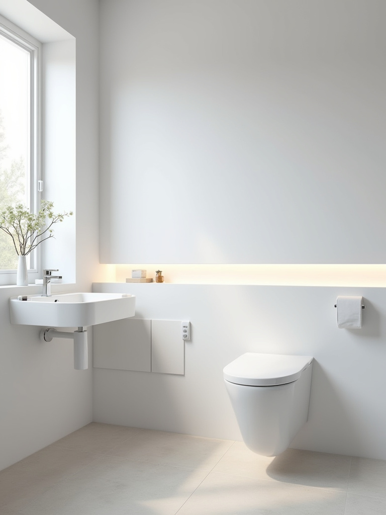 A modern small bathroom interior with a door partially open, demonstrating how its swing obstructs access to a vanity, illustrating the need for relocating door swings.