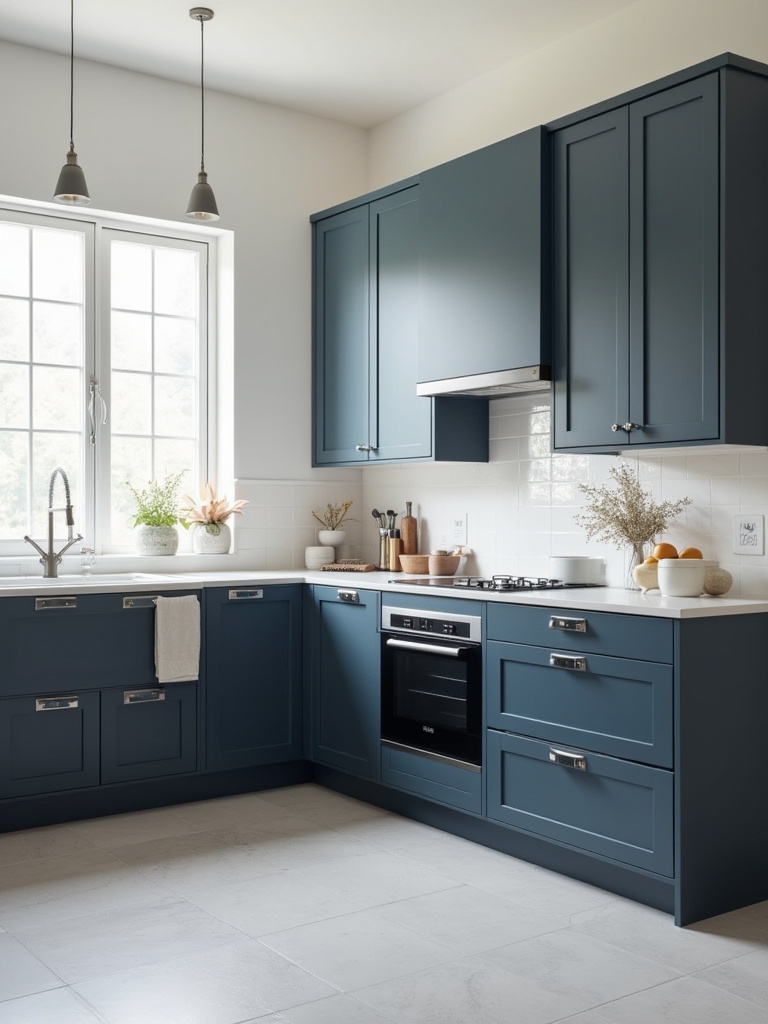 Modern kitchen with dark navy shaker cabinets and soft pale grey walls with subtle blue undertones, demonstrating elegant kitchen cabinet color and wall paint coordination.
