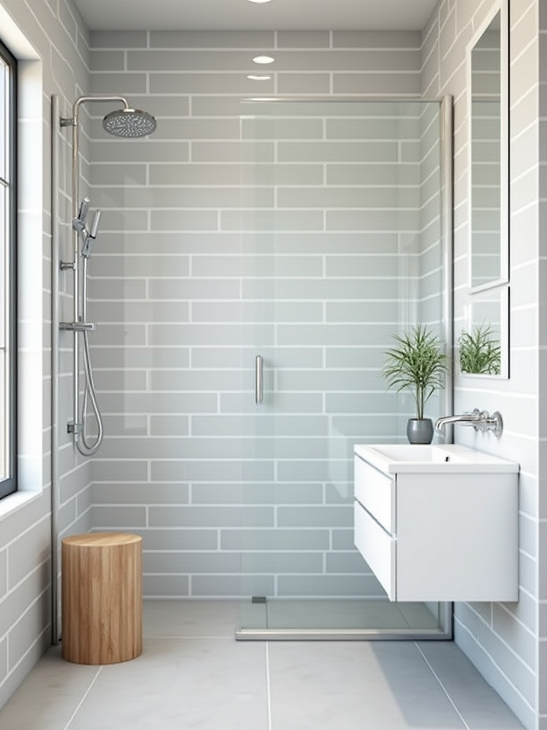 A minimalist Scandinavian small bathroom with light gray subway tiles, a floating white vanity, chrome fixtures, and a clear glass shower screen, demonstrating a cohesive design style for a unified and spacious feel.