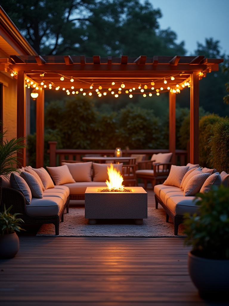 A stylish deck at twilight with a lit fire pit and patio heaters creating a cozy ambiance for year-round comfort.