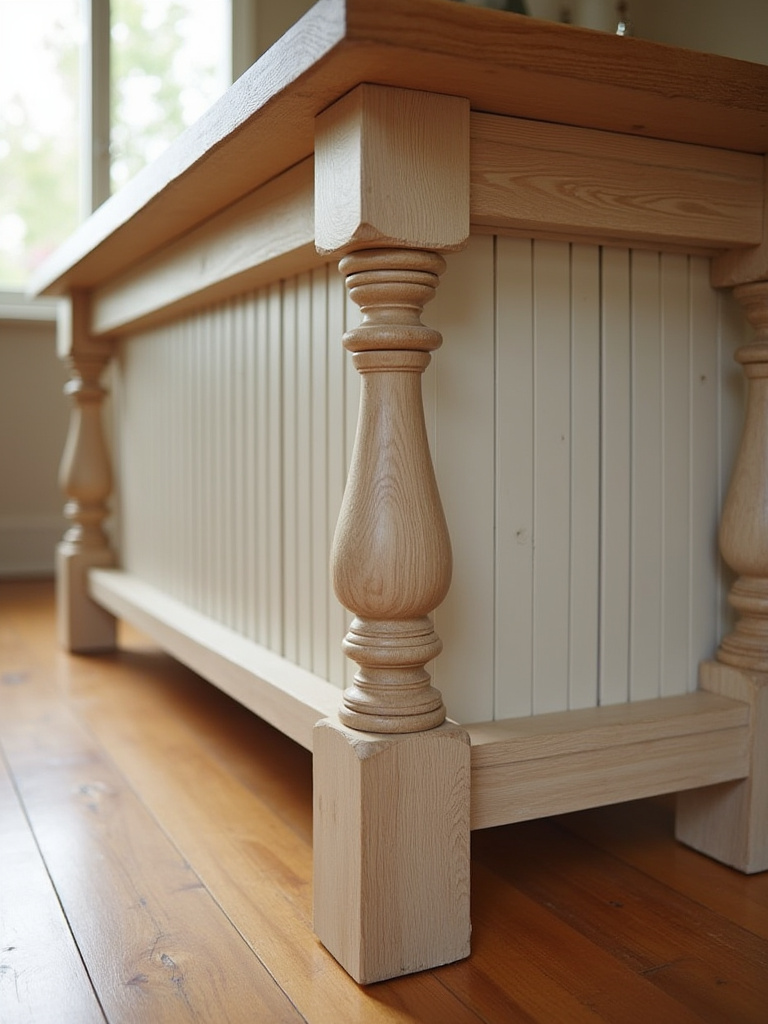 Detailed shot of a farmhouse kitchen island leg with an intricate turned design and beadboard base, reflecting period-authentic craftsmanship.