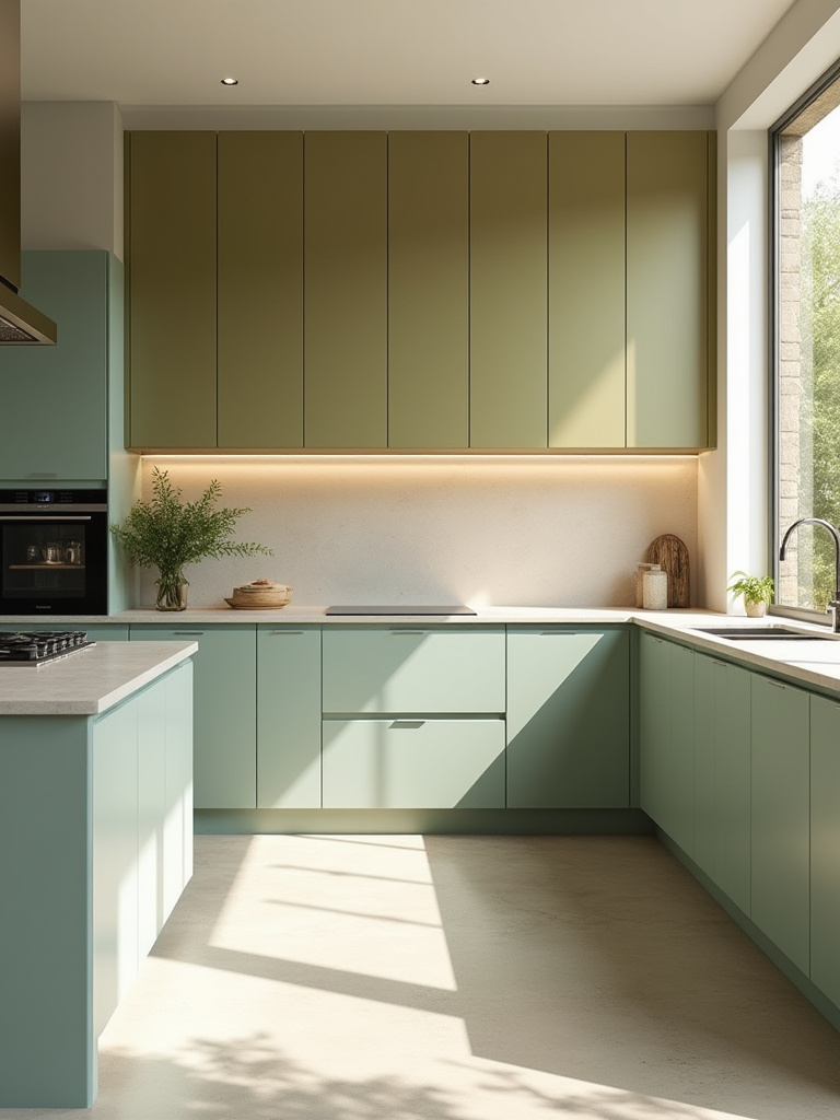Stylish kitchen showcasing a cohesive color palette with sage green and olive green cabinets, cream backsplash, and concrete countertops, representing thoughtful kitchen cabinet color palettes.