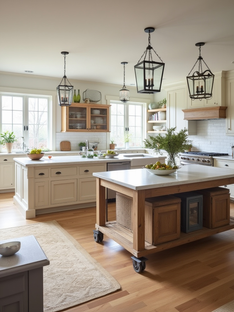 Farmhouse kitchen displaying both a large, stationary island with built-in features and a smaller, mobile wooden island on casters, emphasizing design versatility.
