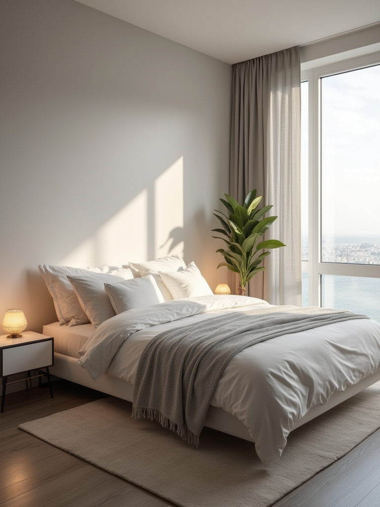 A tranquil, modern bedroom designed with a clear purpose and serene mood, featuring a neatly made bed and soft ambient lighting.