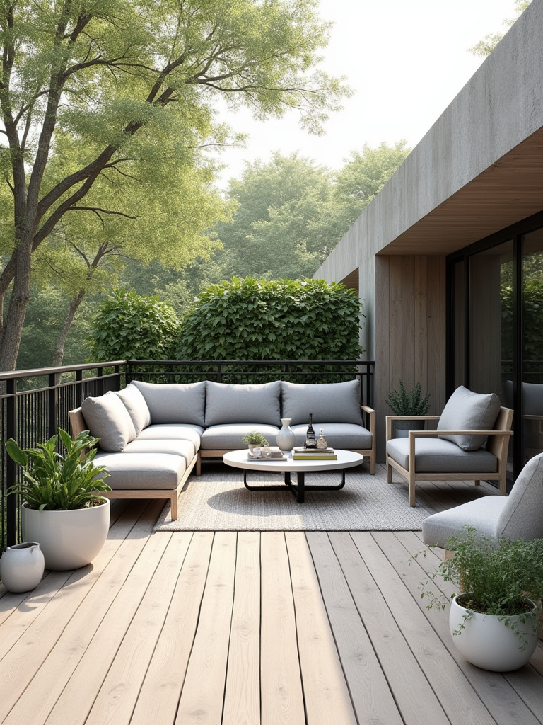 A modern deck with cohesive Scandi-Modern style, featuring light wood furniture, grey cushions, subtle black accents, and potted green plants under natural light.