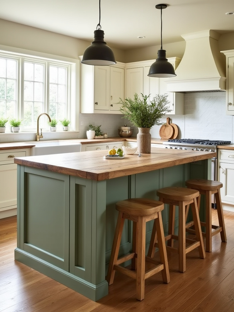 Farmhouse kitchen island with extended countertop and three rustic wooden stools, demonstrating a design prioritized for seating function, with muted sage green base and cream cabinets.