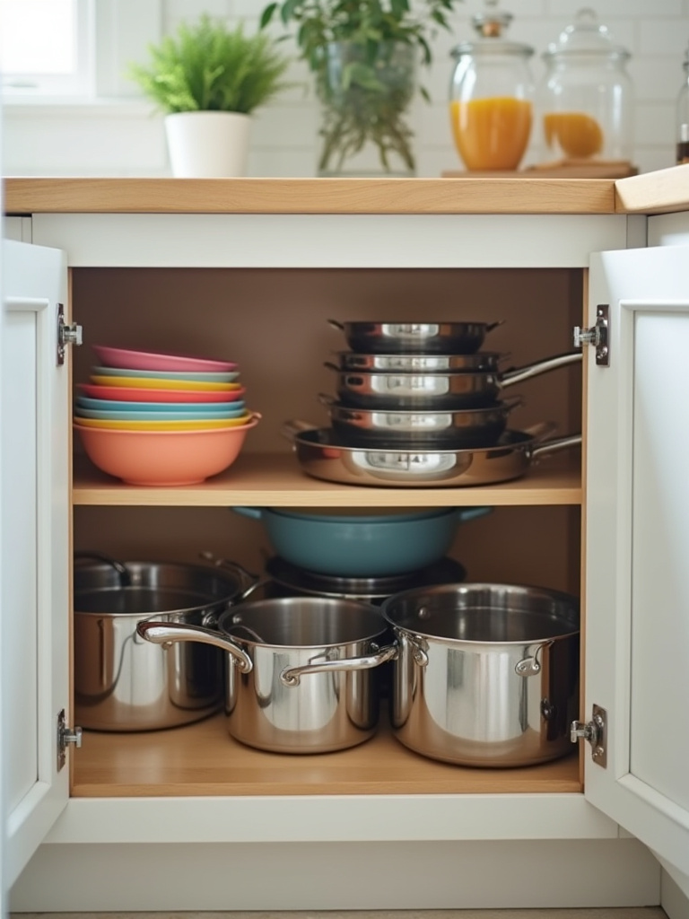 Vibrant nested mixing bowls and stainless steel stackable cookware organized neatly in an open small kitchen cabinet, showcasing efficient space-saving storage solutions for small kitchens.