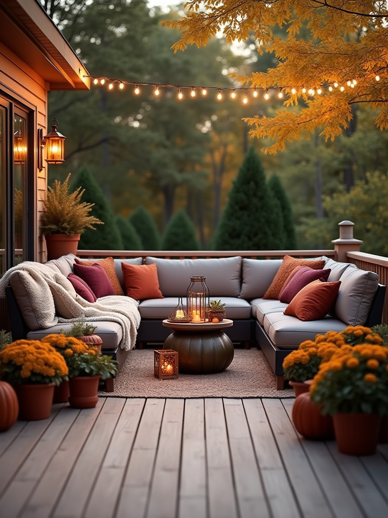 A beautifully decorated deck for autumn, featuring neutral modular furniture, burgundy and cream throws, olive and orange pillows, hurricane lanterns, and potted mums, illustrating seasonal decor swaps for year-round enjoyment.