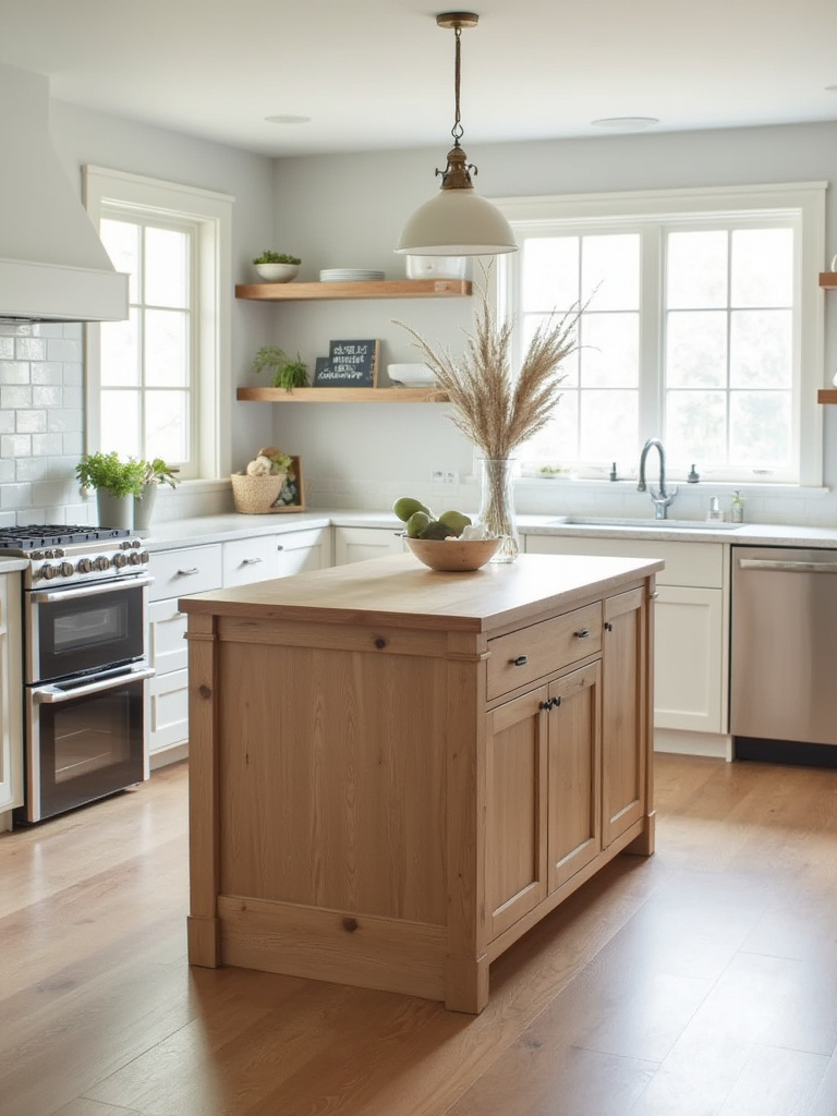 A professional photo of a well-proportioned farmhouse kitchen island with a light countertop and wood base, integrated into a spacious kitchen, showcasing ideal dimensions and scale with ample clear walkways, under soft natural light.