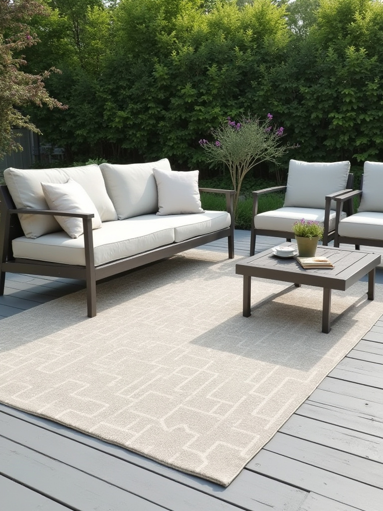 A modern deck lounging area featuring a large, durable gray outdoor rug beneath a stylish outdoor sofa and coffee table, defining the space and protecting the composite deck planks in a high-traffic zone.