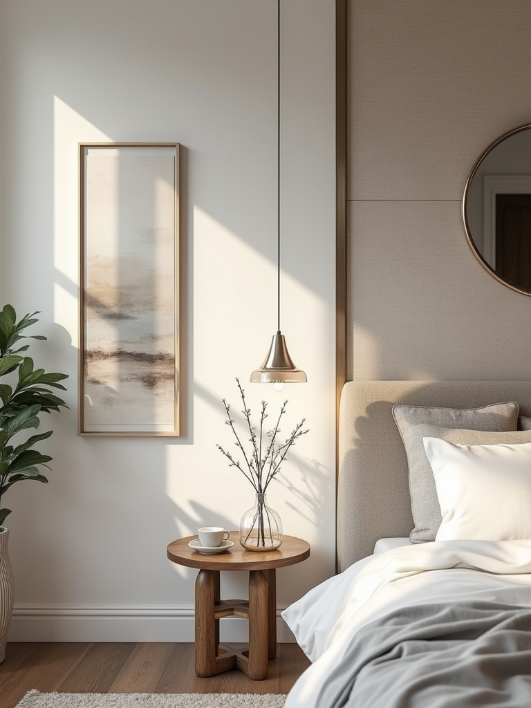 A beautifully styled modern bedroom wall featuring a harmonious blend of abstract art pieces, a chic decorative mirror, and subtle textured wall treatment, all designed to enhance bedroom ambiance.