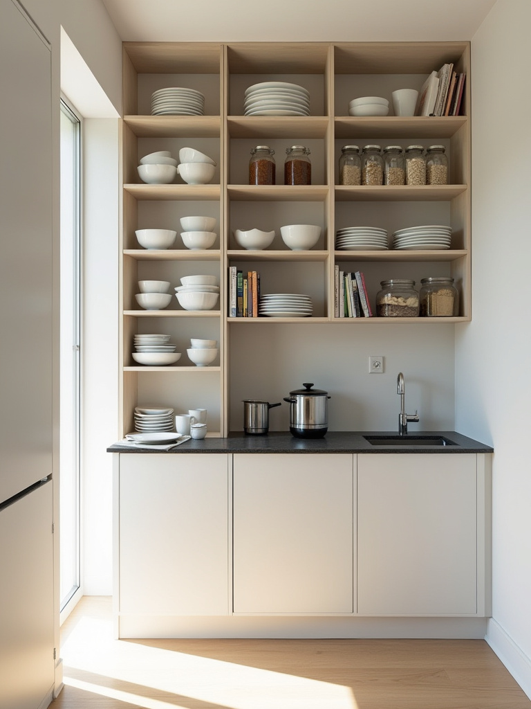 Modern small kitchen with light-colored floor-to-ceiling shelving filled with neatly organized white dishware, glass jars, and cookbooks, extending from countertop to ceiling.