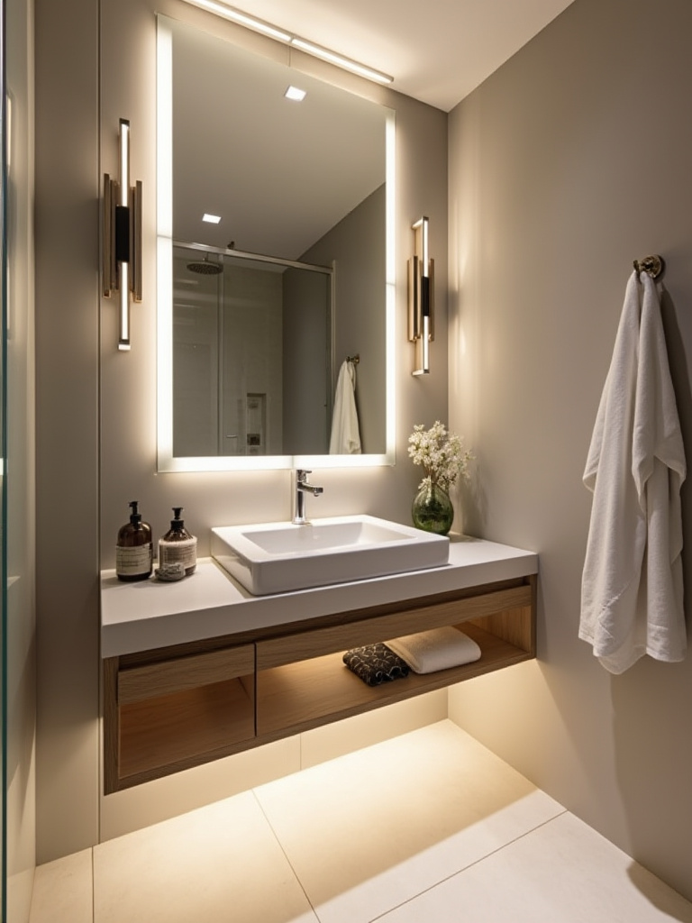 Small modern bathroom with layered lighting, featuring recessed ceiling lights, vertical vanity sconces, and an under-vanity LED strip, creating a bright and spacious feel.