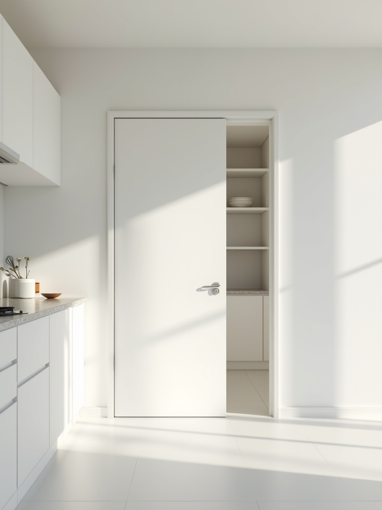 Modern small kitchen featuring a sleek, partially open white pocket door, showcasing the reclaimed wall and floor space, allowing for additional cabinetry where a traditional swing door would obstruct the area.