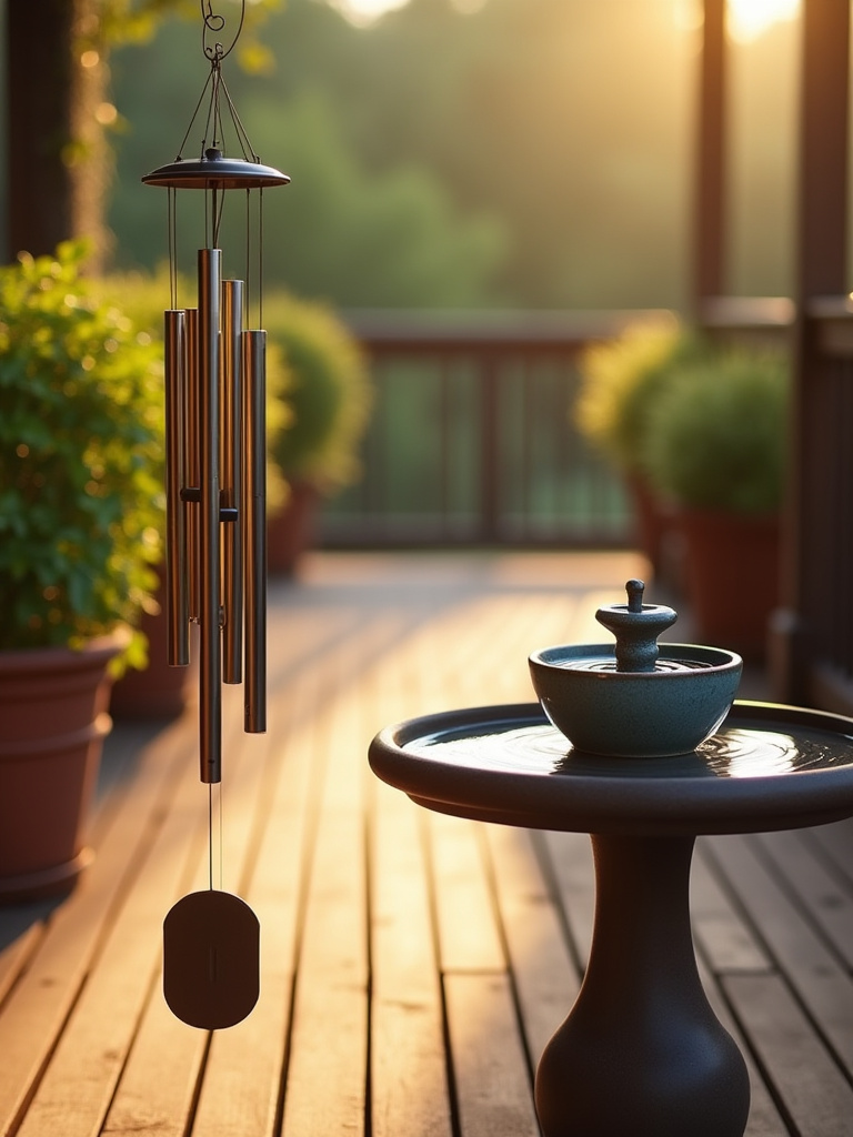 A tranquil deck scene featuring a gentle wind chime and a small tabletop water feature, promoting relaxation and an outdoor oasis atmosphere.