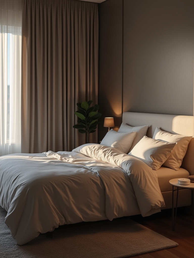 Serene bedroom with thick curtains, upholstered headboard, white noise machine, and plush rug for effective sound control and improved sleep quality.