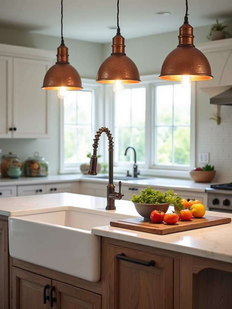 Farmhouse kitchen island with three hammered copper pendant lights, warm white illumination, distressed oak island, white marble countertop, gooseneck faucet.