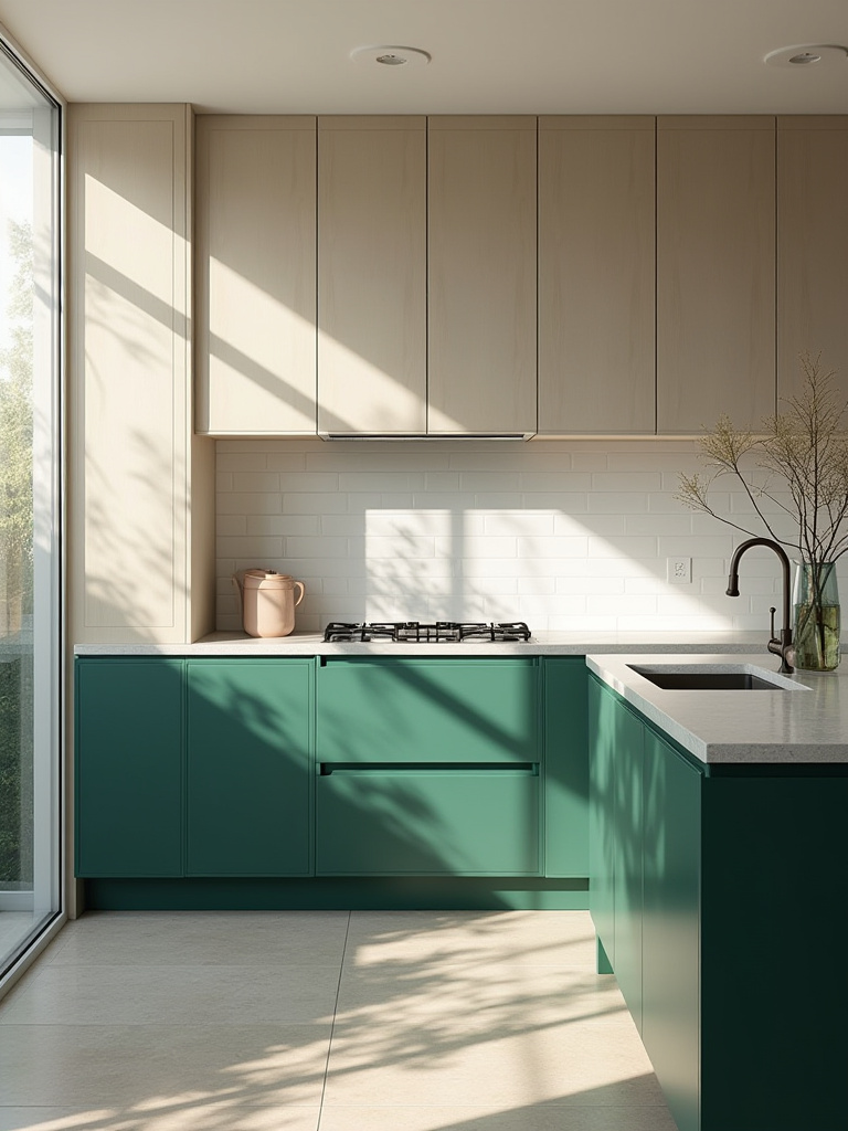 Modern kitchen with crisp light greige upper cabinets and rich deep forest green lower cabinets, showcasing a striking two-tone cabinetry combination for increased visual depth and architectural interest.