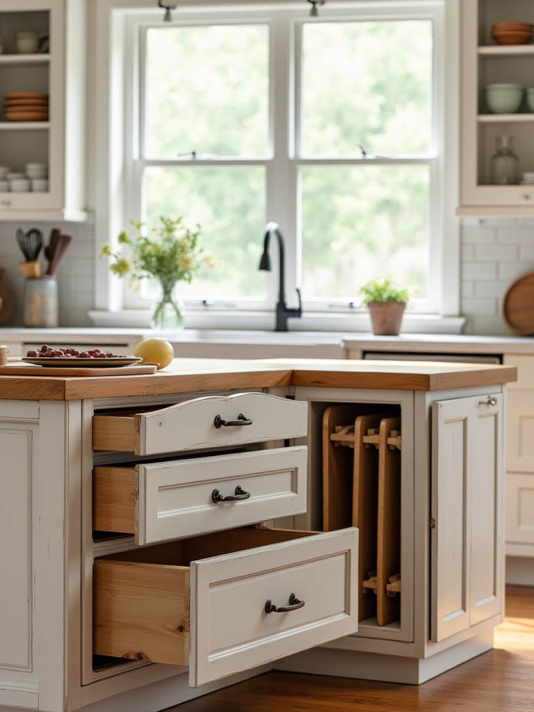 Farmhouse kitchen island with smart built-in drawers, shelves, and cabinetry, revealing organized interior.
