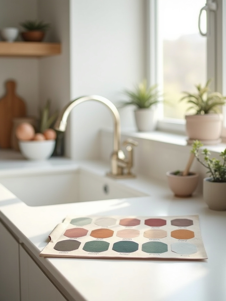 A detailed mood board with kitchen cabinet color swatches on a clean countertop, reflecting natural light to identify personal color preferences and ideal kitchen mood.