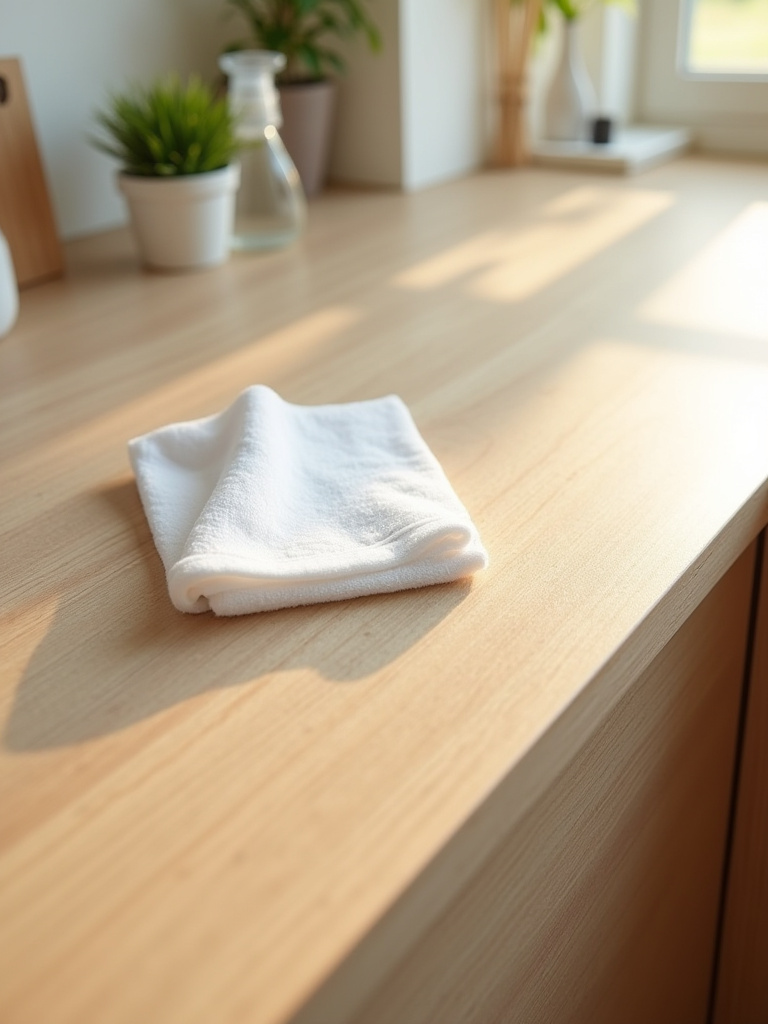 Close-up of a kitchen cabinet being gently cleaned with a microfiber cloth and mild cleaner, illustrating proper cleaning techniques to preserve the finish.