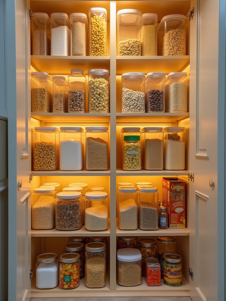 Close-up of a perfectly organized small kitchen pantry using a FIFO system, showing clear bins and neatly arranged dry goods, with older items visible at the front for easy access.