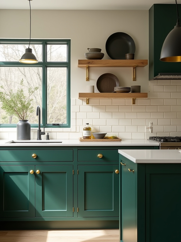 Deep forest green kitchen cabinets with brass hardware, matte black pendant lights, natural wood shelving, and a cream subway tile backsplash, showcasing integrated decorative elements that enhance the kitchen's color scheme.