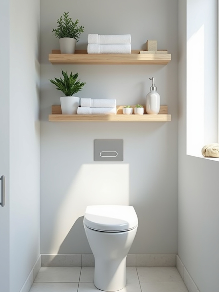 Stylish floating wooden shelves holding neatly folded towels and a plant above a wall-mounted toilet in a modern small bathroom, brightly lit by natural light.
