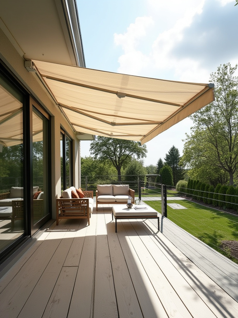A modern deck featuring a sleek, light-colored retractable awning extended for sun protection, surrounded by lush greenery and contemporary patio furniture.