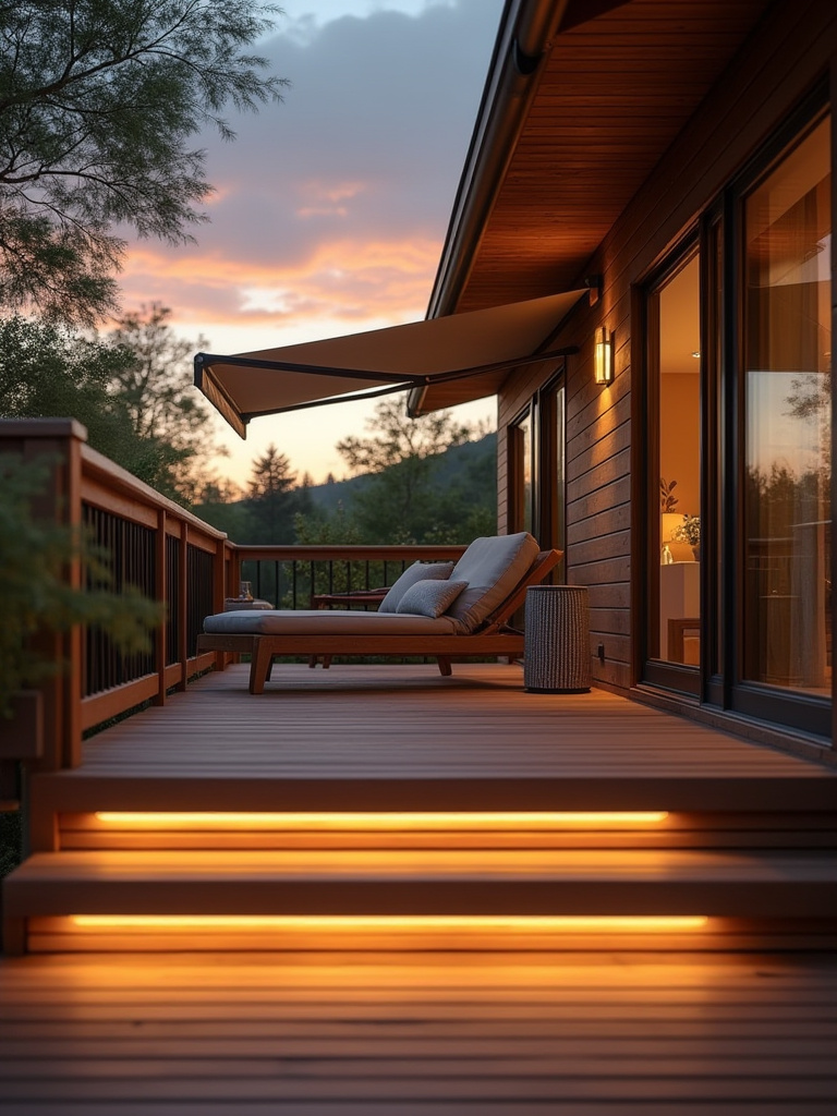A modern deck at dusk featuring integrated smart home technology, including subtle LED strip lighting under railings, a retracted smart awning, and a sleek outdoor smart speaker, all contributing to automated comfort and an inviting ambiance.